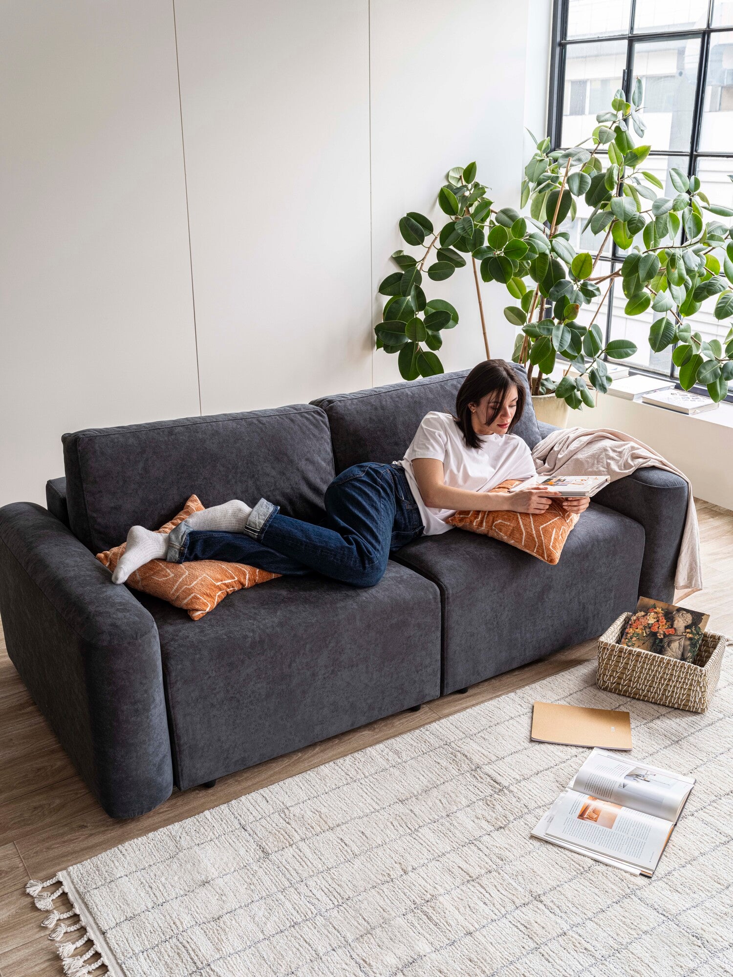 Loop U Shaped Sectional Modular Sofa Bed with Pouf Teddy Cream3