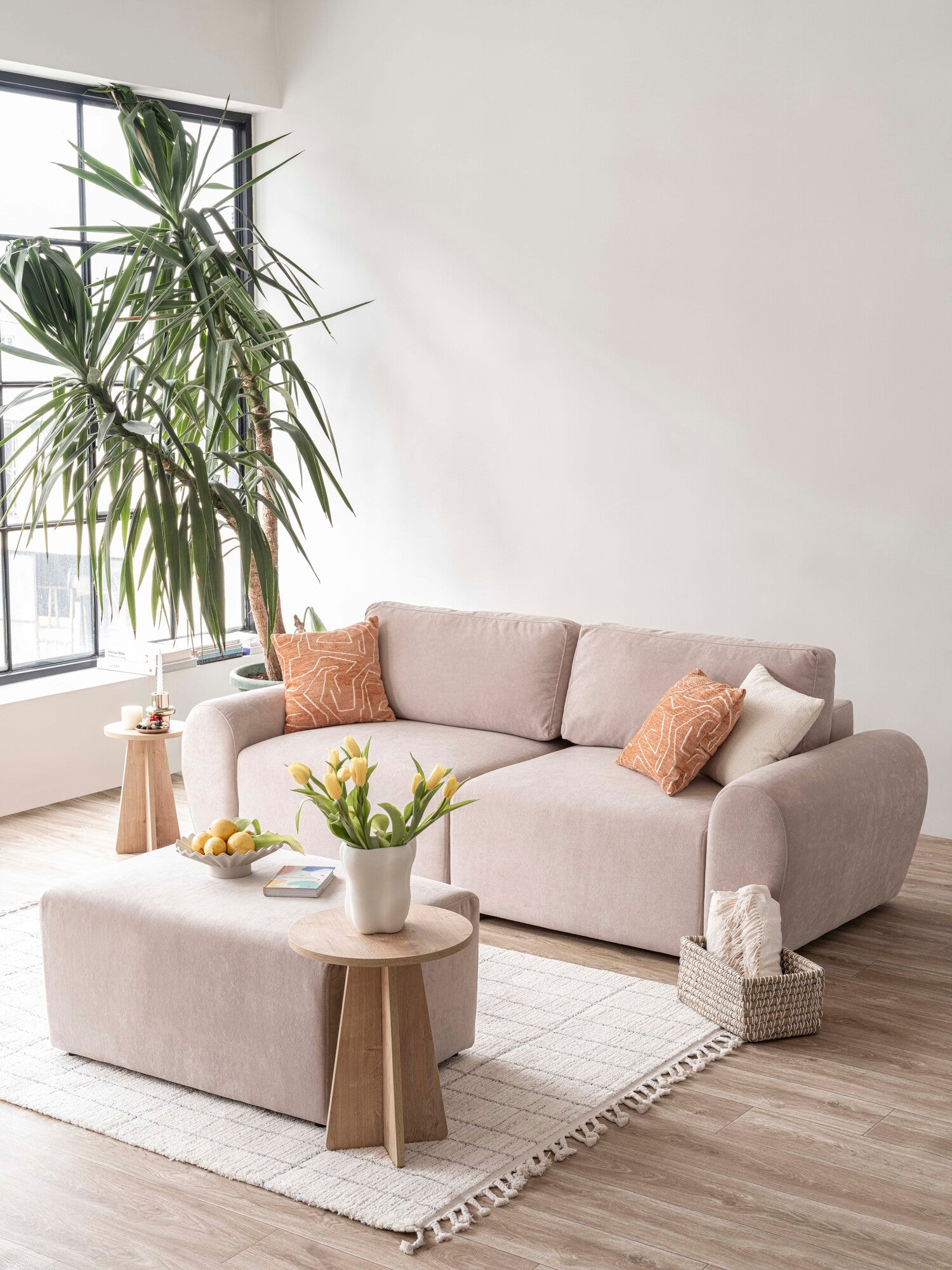 Nest Modular Sofa Bed 2 Seater with Pouf Blush Beige