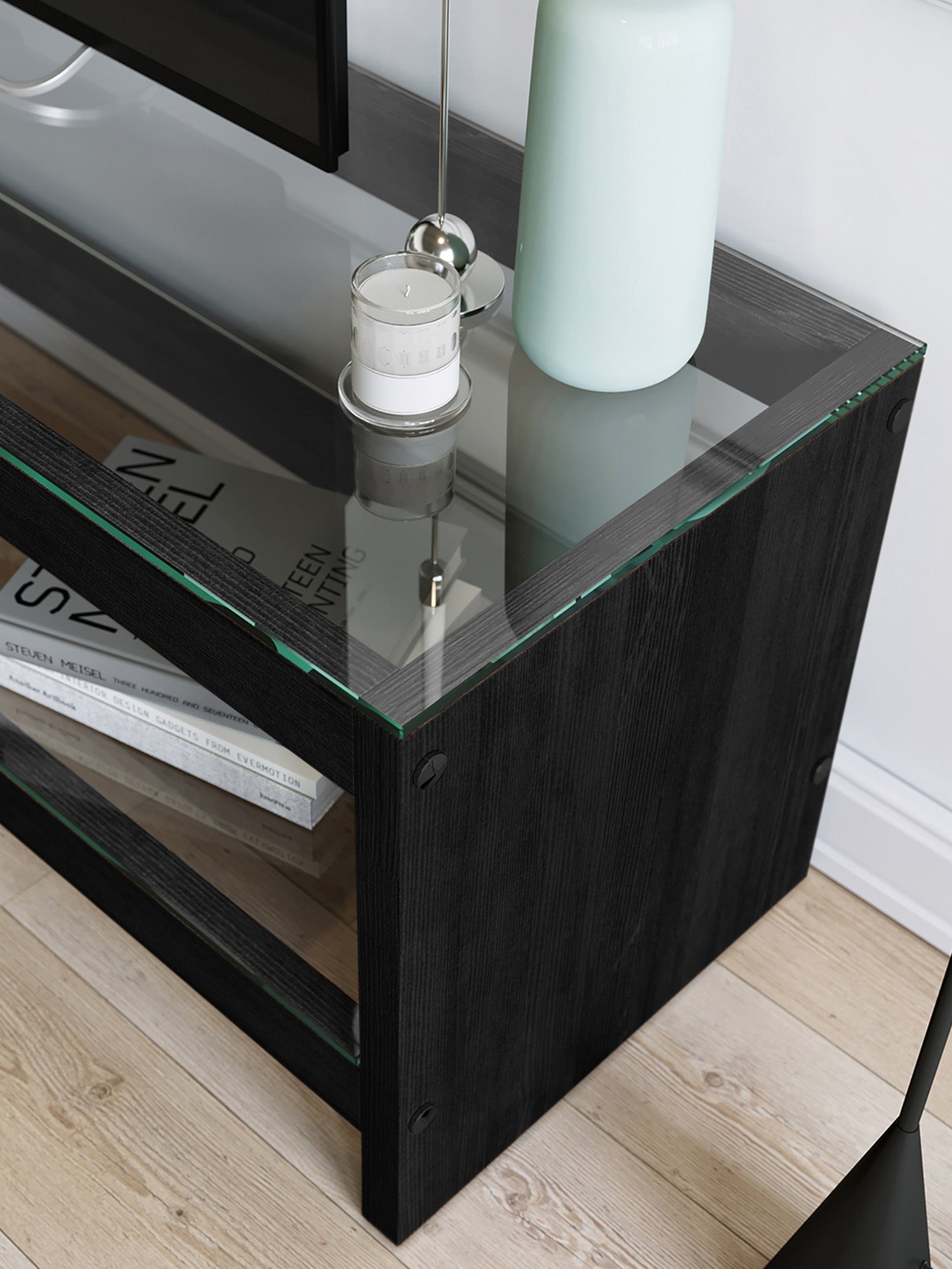 Pisagor Black TV Stand Solid Wood Clear Glass1