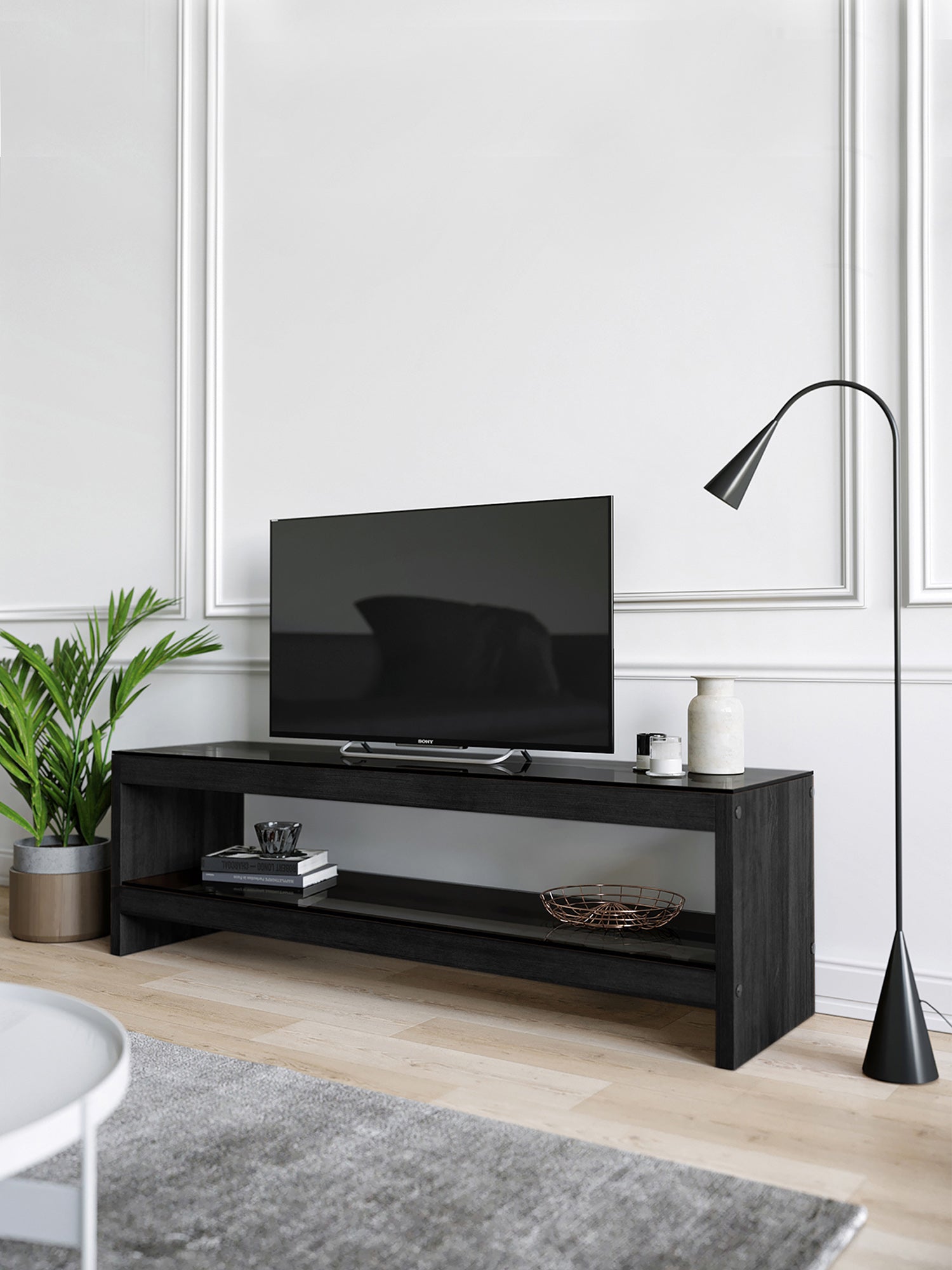 Pisagor Black TV Stand Solid Wood Smoked Glass2