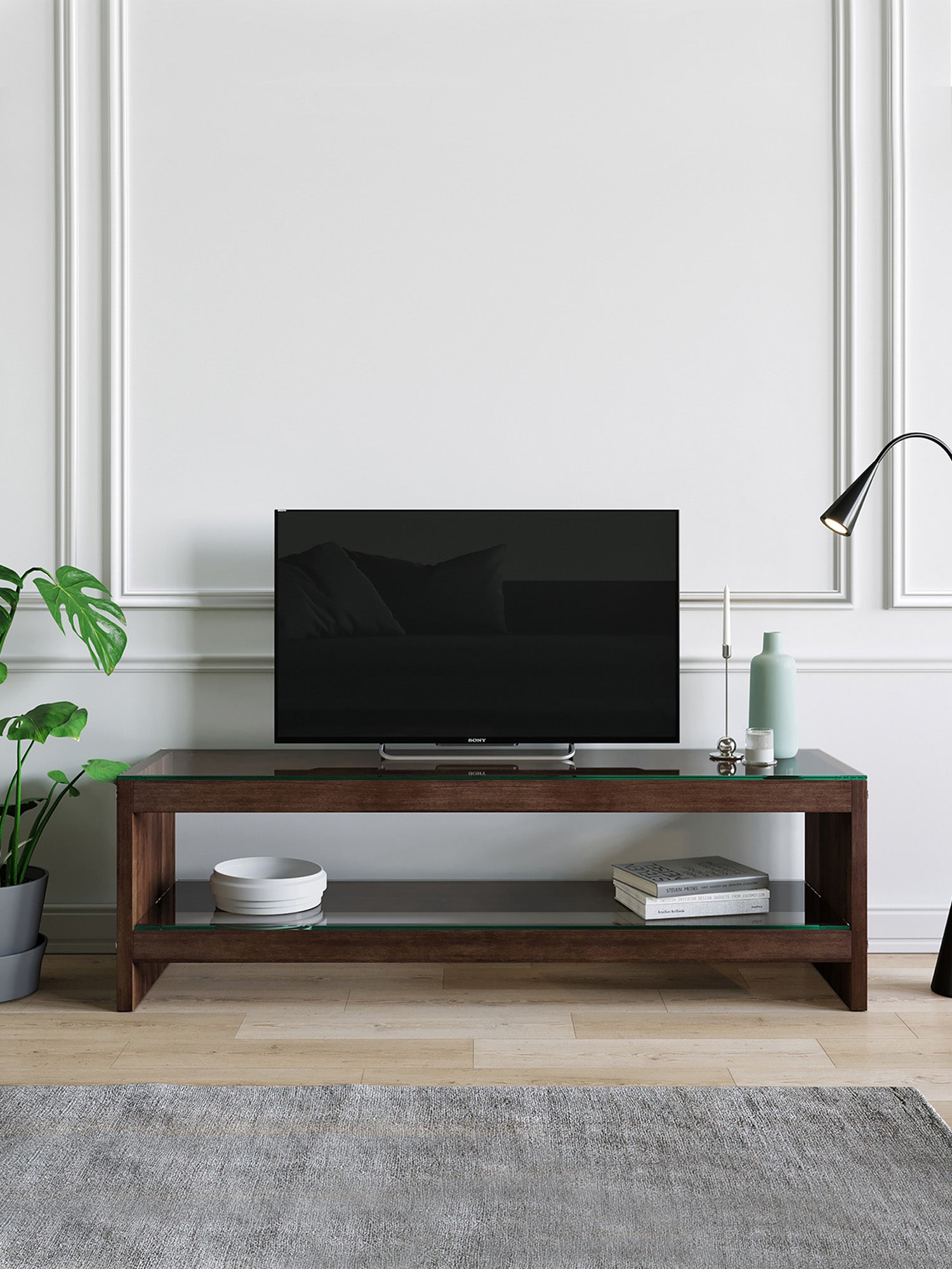 Pisagor Brown TV Stand Solid Wood Clear Glass1