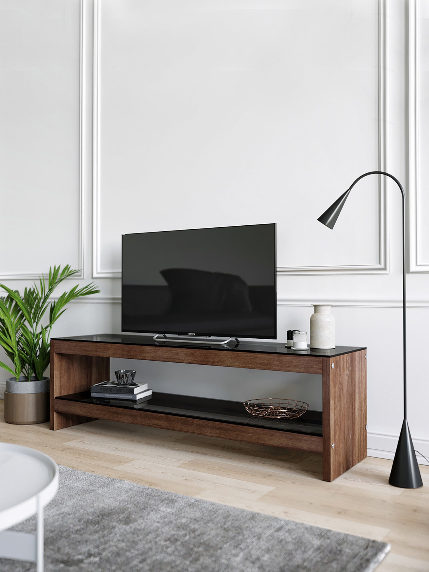 Pisagor Brown TV Stand Solid Wood Smoked Glass1