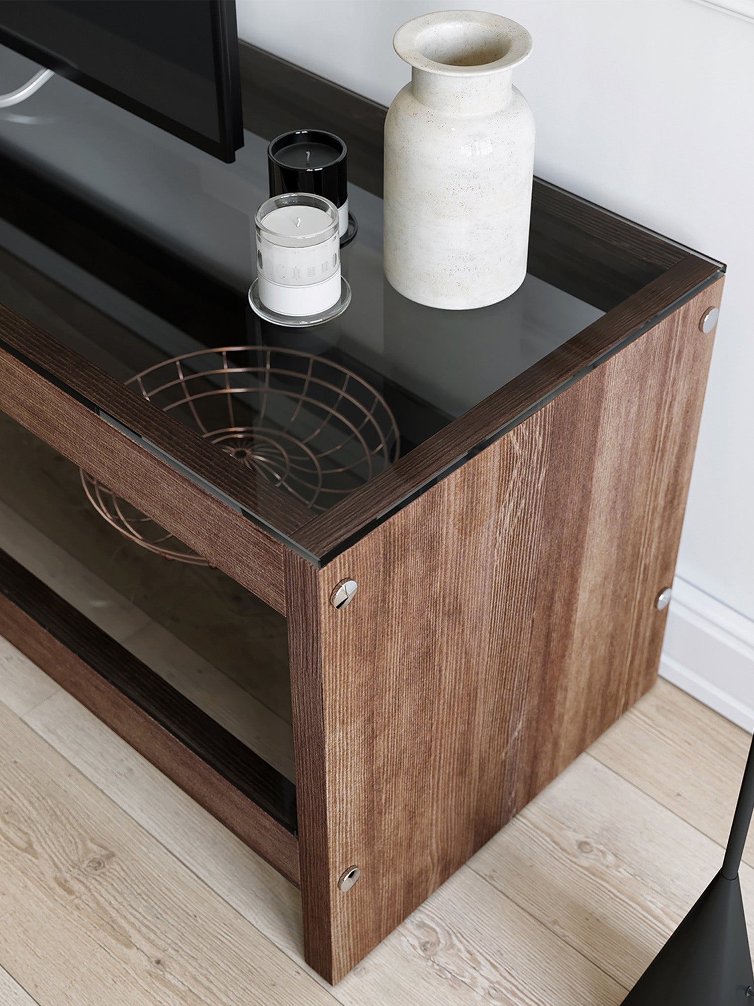 Pisagor Brown TV Stand Solid Wood Smoked Glass2