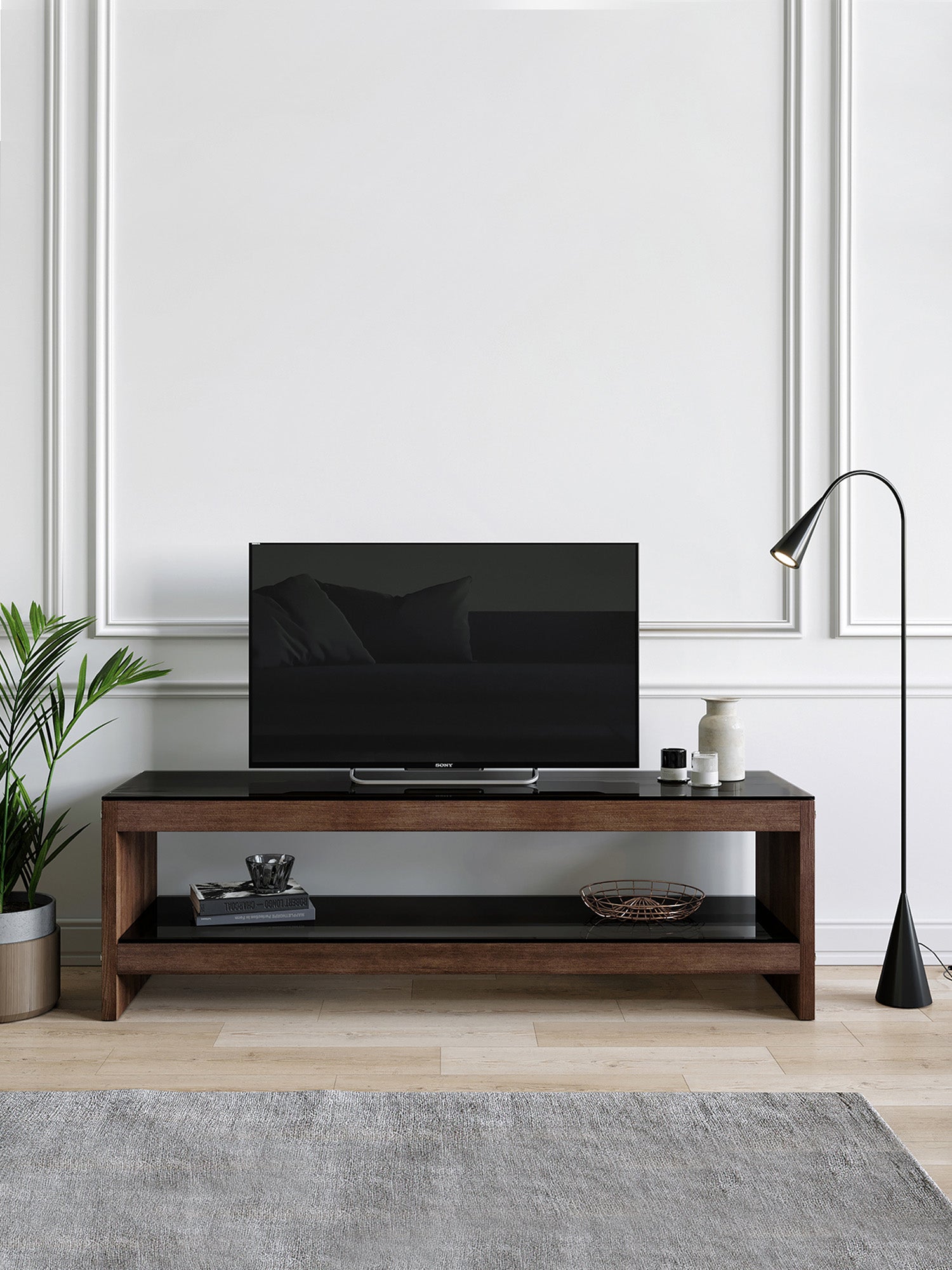 Pisagor Brown TV Stand Solid Wood Smoked Glass3