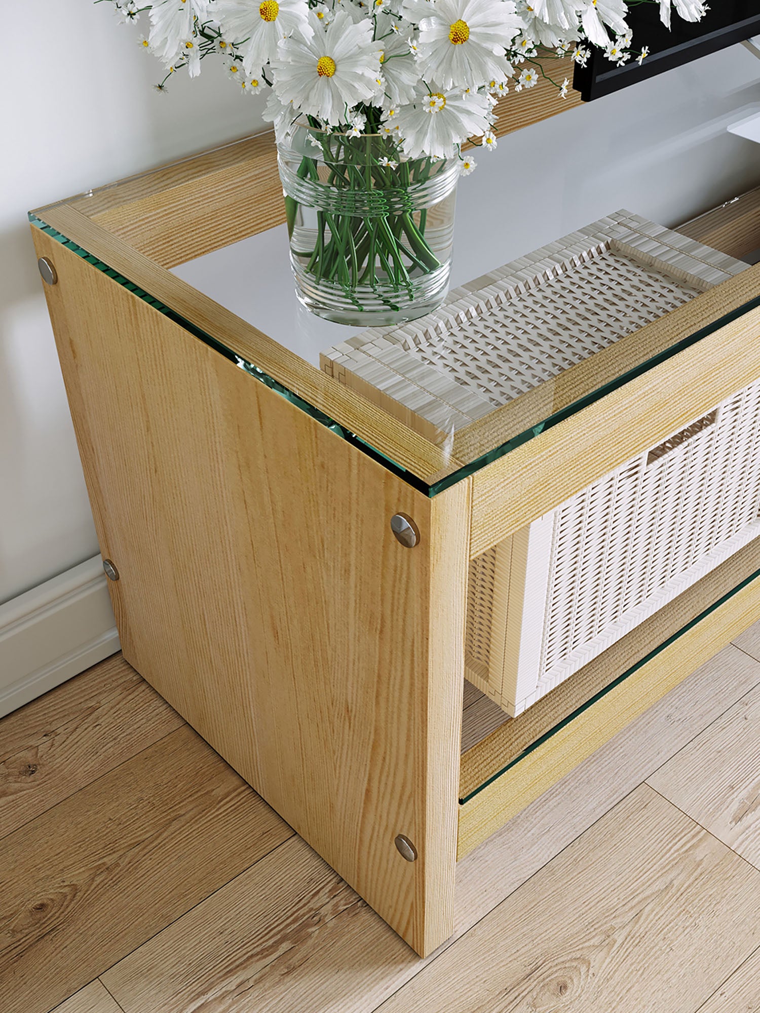 Pisagor Oak TV Stand Solid Wood Clear Glass1