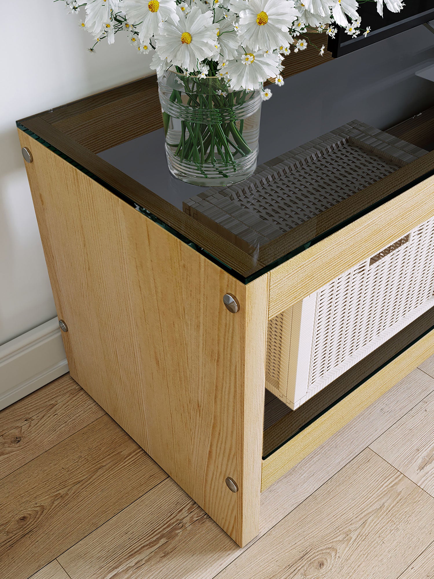 Pisagor Oak TV Stand Solid Wood Smoked Glass3