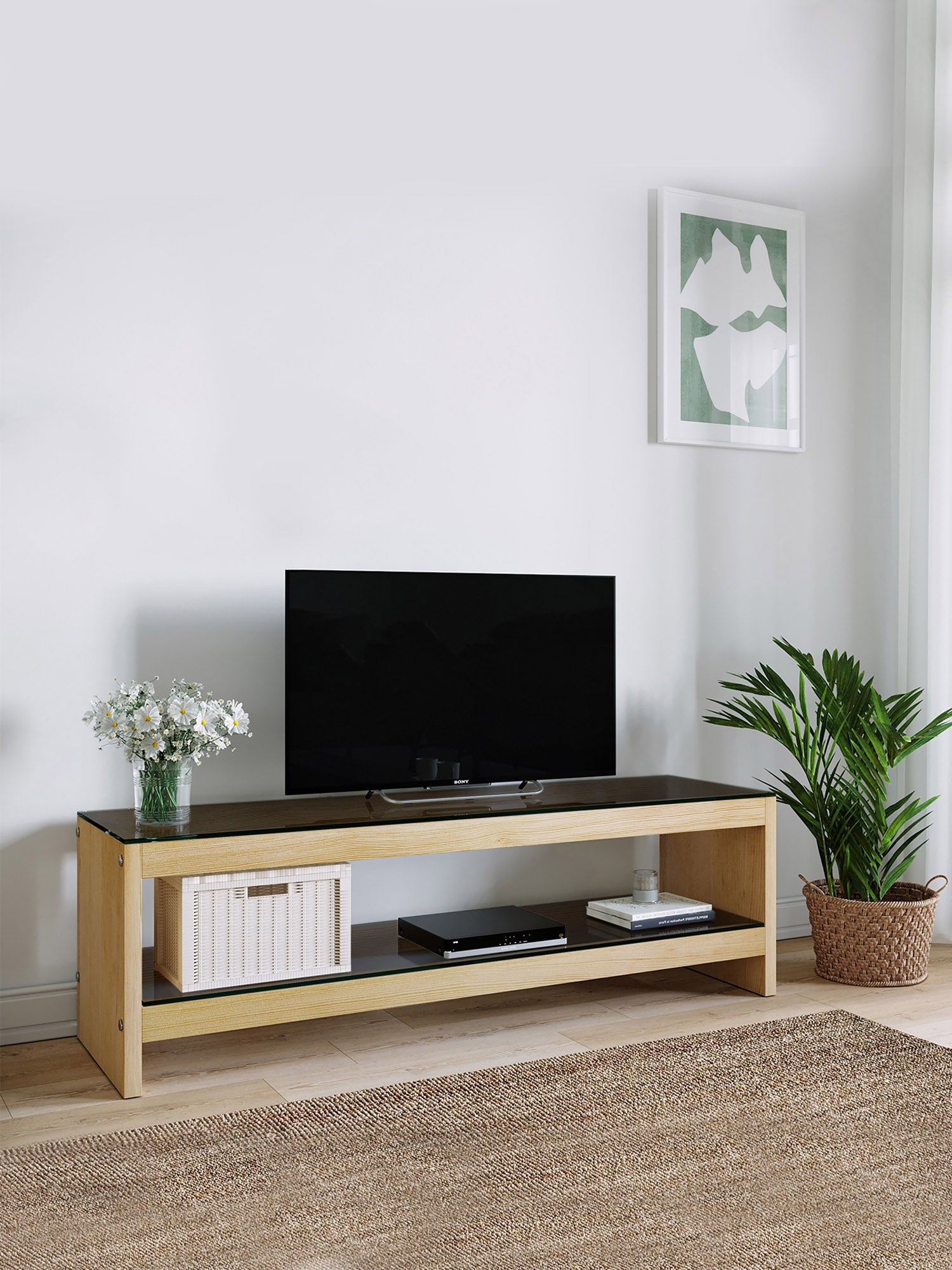 Pisagor Oak TV Stand Solid Wood Smoked Glass4