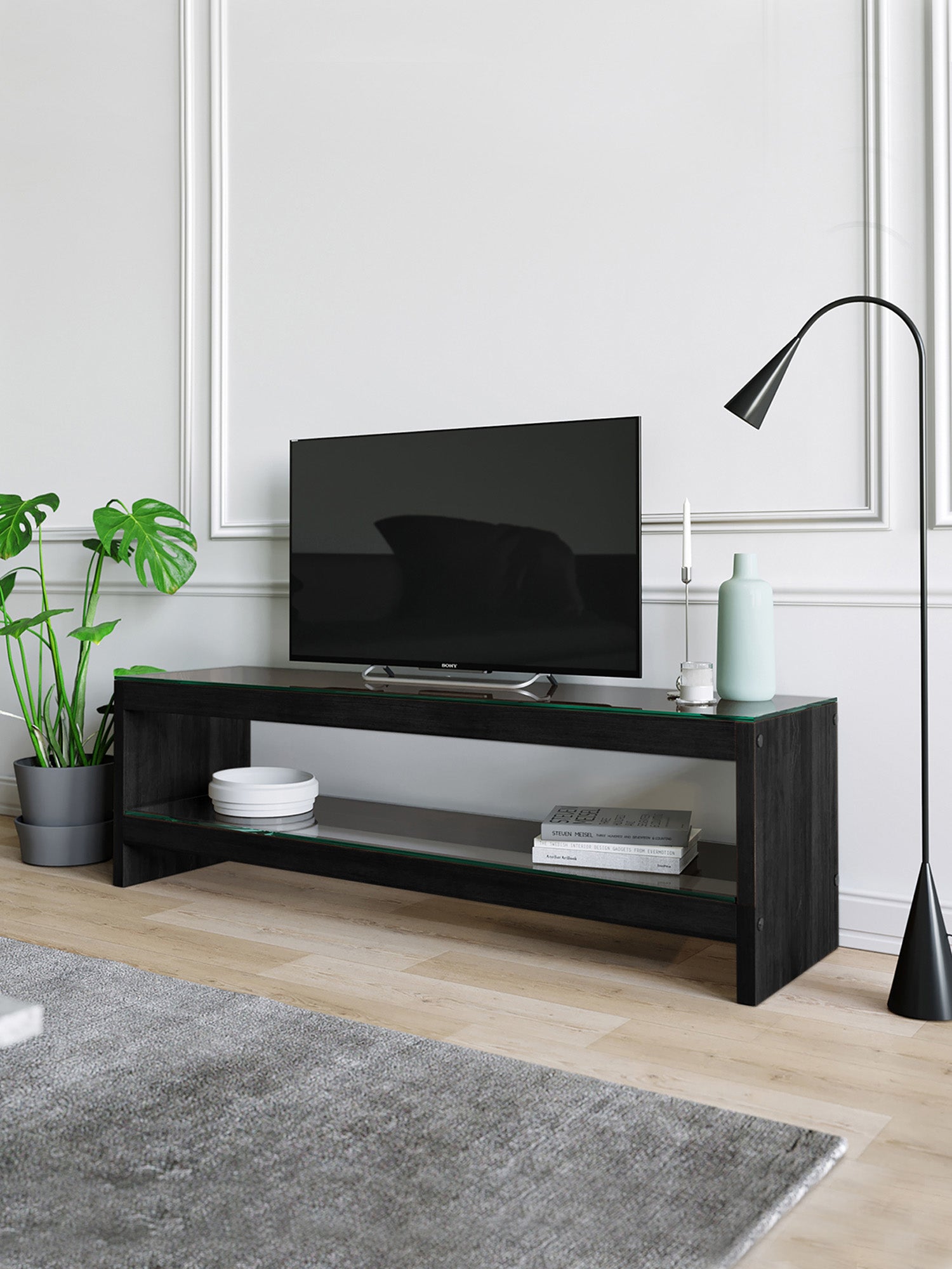 Pisagor Black TV Stand Solid Wood Clear Glass2