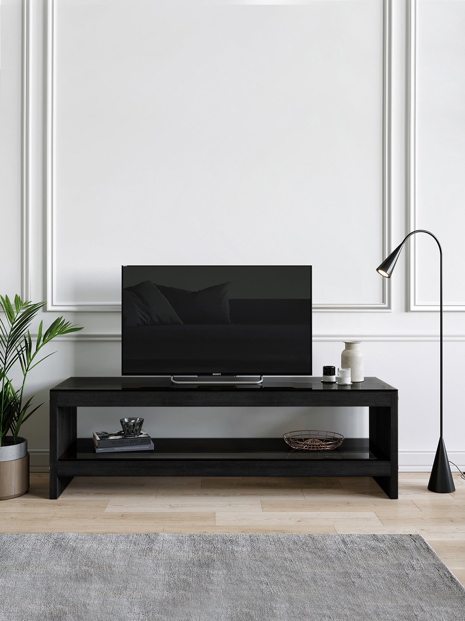 Pisagor Black TV Stand Solid Wood Clear Glass3