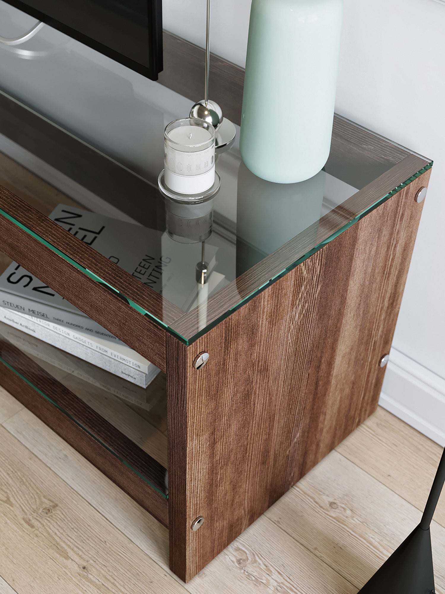 Pisagor Brown TV Stand Solid Wood Clear Glass3