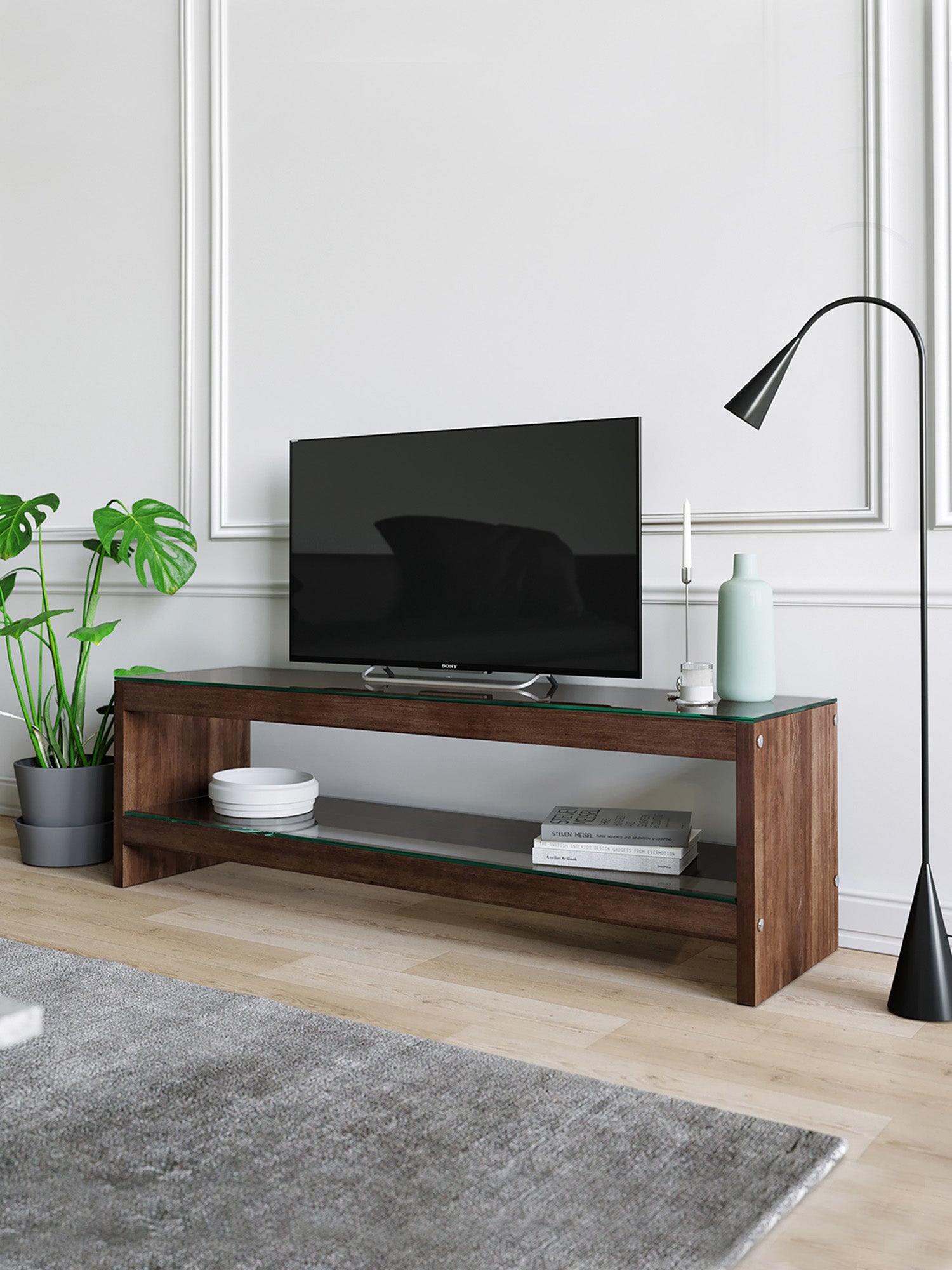 Pisagor Brown TV Stand Solid Wood Clear Glass4